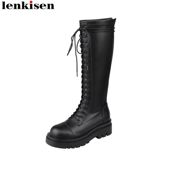 Lenkisen/ высококачественная зимняя обувь большого размера с круглым носком, сапоги для верховой езды на платформе, Брендовые красивые лаконичные сапоги до бедра на шнуровке