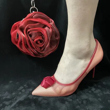 2023 Красные Модные летние сетчатые туфли на каблуке Stain Rose Нового дизайна в нигерийском стиле, итальянская женская обувь и сумка в комплекте для вечеринки