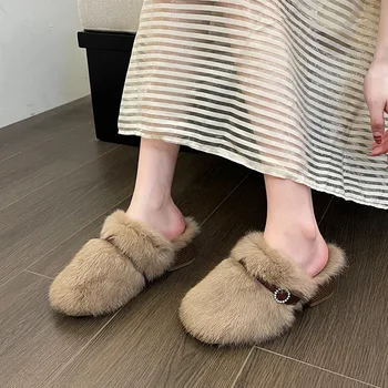 Новинка 2024 года, осенне-зимние бархатные полуботинки, женские тапочки в корейском стиле, модные Женские туфли на толстом высоком каблуке, Теплые плюшевые тапочки