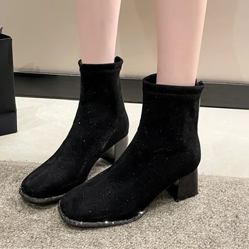Новый тренд, Массивная Зимняя Женская Обувь с квадратным носком, Ботинки 