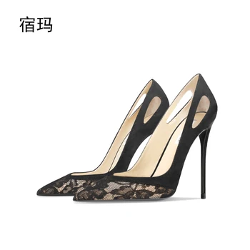 Женская обувь черного цвета с кружевным сращиванием, обувь на высоком каблуке 2023, Роскошные туфли-лодочки с острым носком, женская обувь для выпускного вечера на тонком каблуке 10 см