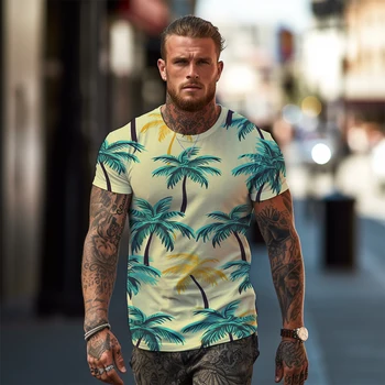 Гавайская футболка с 3D-принтом кокосовой пальмы, летняя освежающая и удобная футболка, новая модная повседневная футболка с круглым вырезом