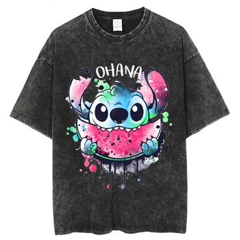 Футболка Kawaii Lilo Stitch, женская летняя выстиранная футболка, летняя футболка с мультяшным принтом, милая аниме-футболка оверсайз для девочек