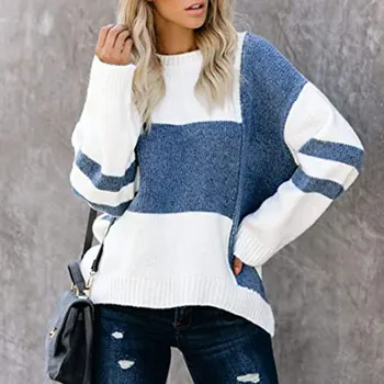 Осенне-Зимний Новый уличный свитер в полоску с контрастной вставкой, пуловер с круглым вырезом, Вязаный