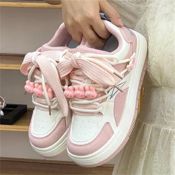 Y2K Корейская женская мода Повседневные Спортивные кроссовки Kawaii Rabbit Розово-белого цвета на платформе, Лоферы, Спортивная обувь для тенниса, милые туфли на плоской подошве