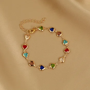 Изысканный Красочный браслет в виде сердца для женщин, Очаровательные Корейские браслеты с кристаллами и металлической цепочкой из Циркона, Ювелирный подарок для вечеринки на День рождения