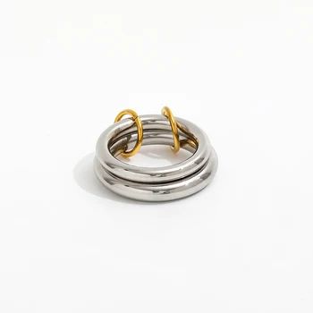 Joolim Высококачественное PVD Водонепроницаемое двухцветное соединительное кольцо в стиле хип-хоп с двойным кругом для женщин, ювелирные изделия из нержавеющей стали Оптом
