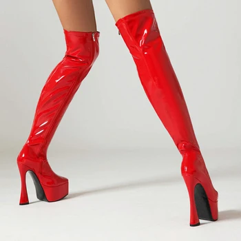 Женские ботинки на платформе, тренд 2023, весна-осень, женские туфли из лакированной кожи, красные, белые, на сверхвысоком каблуке с острым носком выше колена, большие