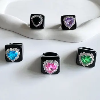 Розовые кольца с хрустальными сердечками Для женщин и девочек, Черные Квадратные Стразы, кольцо на палец, Геометрические украшения для вечеринок, подарки для женщин