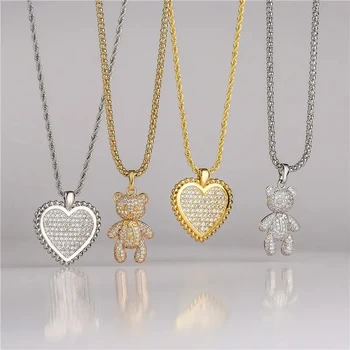 Женское ожерелье ZHUKOU Cute Bear из латуни с подвесками в форме сердца, цепочки из кубического циркония, Рождественский подарок, ювелирные изделия оптом