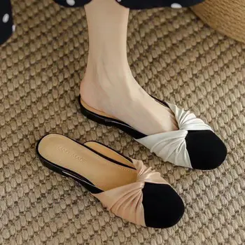 Тапочки с галстуком-бабочкой, женские летние кожаные туфли-мул, французские нежные сандалии, одиночные туфли для беременных на плоской подошве.