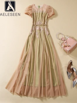 Дизайн Женского летнего платья AELESEEN, Модная сетка с коротким рукавом, Длинная Цветочная вышивка, Элегантная вечеринка, Праздник