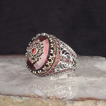Турецкие кольца-печатки ручной работы в стиле ретро для мужчин, кольцо с резным рисунком старинного серебряного цвета, инкрустация красным цирконом, новое кольцо для мотобайкеров в стиле панк