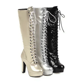 Мотоциклетные ботинки на высоком каблуке со шнуровкой в стиле панк, рыцарские ботинки на толстом каблуке с усиленной застежкой-молнией, сексуальные женские ботинки большого размера 34 и 46.