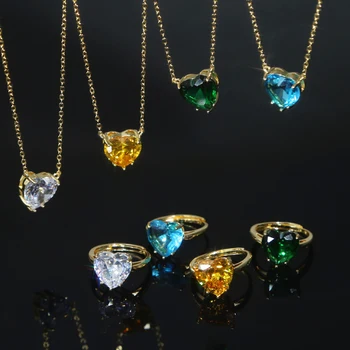 Милые наборы ювелирных изделий Многоцветное сердце, Кольцо / ожерелье с большим кубическим Цирконием для женщин, золотой цвет, Модные Аксессуары 2023 года, Тренды