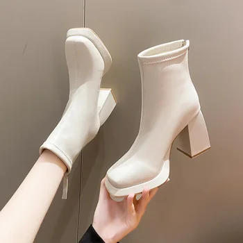 Женские ботильоны на платформе и высоком квадратном каблуке, женские короткие ботинки из лакированной искусственной кожи с круглым носком, женские ботинки 2023 года, женская обувь для женщин