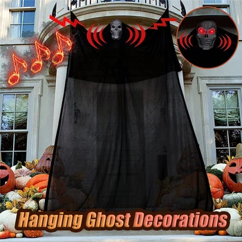 Подвесные активированные украшения с привидениями на Хэллоуин со светодиодной подсветкой, красными глазами и голосом, страшное Внутреннее и наружное украшение на Хэллоуин