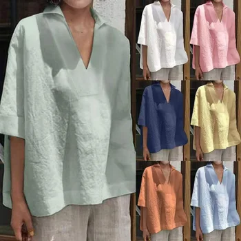 Женские топы VOLEEMI размера Puls, свободного кроя, короткие рукава, V-образный вырез, Однотонная хлопковая льняная футболка, Летняя повседневная винтажная блузка, туники