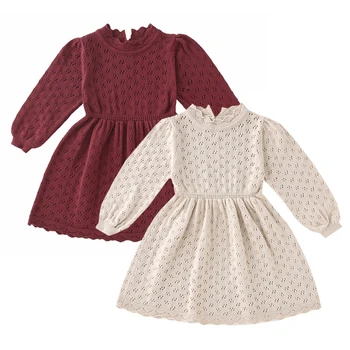 Осенне-весенний Европейский Американский стиль, детские платья принцессы, однотонная вязаная одежда с длинными рукавами, праздничное платье для маленьких девочек