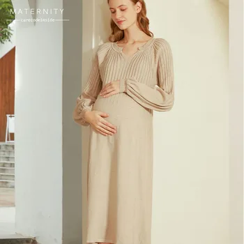 Платье-свитер CARECODE в стиле ретро для беременных, осень-зима, женское платье-свитер с V-образным вырезом и рукавом-фонариком, свободное длинное вязаное платье для беременных большого размера