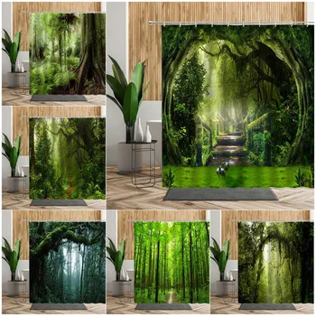 3D Тропический лес Природные пейзажи Занавеска для душа Зеленые деревья Мох Густой лес Ванная комната Водонепроницаемая перегородка Ширма для ванны