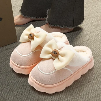 Универсальные женские домашние тапочки-бабочки, Плюшевые тапочки на платформе с мягкой пушистой нескользящей подошвой, теплая зимняя домашняя обувь