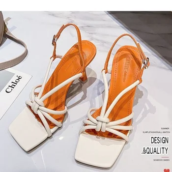 Весна 2023, новая женская обувь большого размера в минималистичном стиле, цветные женские босоножки на высоком каблуке из искусственной кожи с квадратным узлом