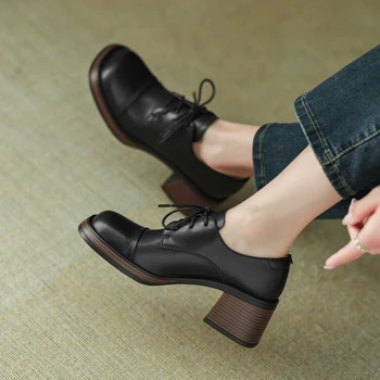 2023 г. Весенне-осенняя женская обувь Из спилка, женская обувь на платформе, квадратный носок, массивный каблук, женские туфли-лодочки на высоком каблуке
