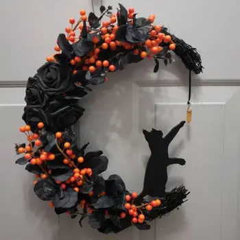 Гирлянда с Лунным котом на Хэллоуин с украшениями в виде роз, Гирлянда на Хэллоуин, Венок на Хэллоуин для входной двери, украшения на Хэллоуин