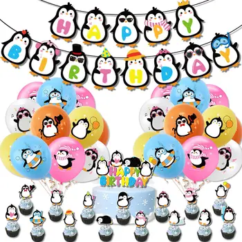 Для детей, девочек и мальчиков, Тематическая вечеринка в честь дня рождения антарктического маленького пингвина, баннер в виде кекса, воздушный шар в виде флага