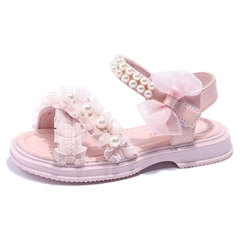 Сандалии для девочек, 2023 Летняя новая детская пляжная обувь, модная обувь принцессы с жемчужным кружевом для маленьких девочек