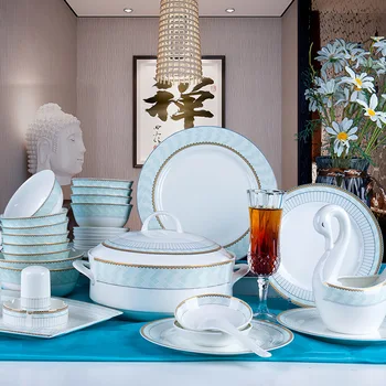 Цзиндэчжэньская керамическая посуда из костяного фарфора, набор столовых приборов, простые китайские блюда и палочки для еды, подарочный набор посуды