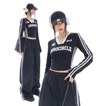 Hikigawa, Шикарная женская мода, Винтажные футболки из джерси контрастного цвета с принтом, футболки с длинными рукавами, уличная одежда, приталенный топ с коротким V-образным вырезом
