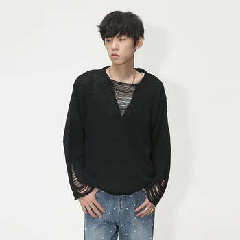 Свободная футболка SYUHGFA, модная мужская футболка в корейском стиле, персонализированная футболка с V-образным вырезом и вырезами, трендовый однотонный пуловер