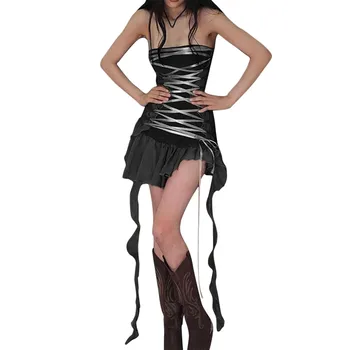 Женское платье в готическом темном стиле, сексуальное облегающее сетчатое платье-бюстгальтер со шнуровкой, Летние макси-платья, концертные платья