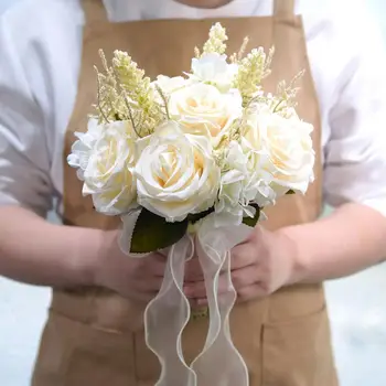 Свадебный букет из искусственных роз, лента с бантом, зеленые листья, искусственная многоцветная роза, элегантные свадебные принадлежности для вечеринок из искусственных цветов