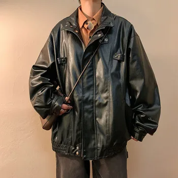 Демисезонная куртка из искусственной кожи, мужские мотоциклетные карманы, длинные рукава, повседневные куртки в стиле ретро с отложным воротником и пуговицами на молнии, топы