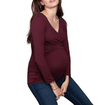 Топы для беременных и кормящих, майка для беременных с длинным рукавом, одежда для грудного вскармливания с V-образным вырезом