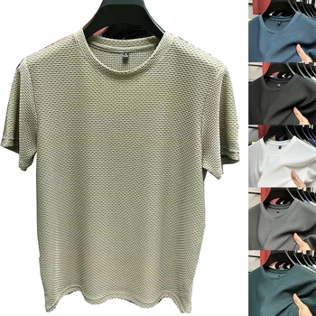 Мужские летние однотонные футболки с коротким рукавом из ледяного шелка высокого качества, дышащая модная футболка, мужская брендовая одежда