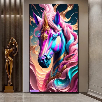 Большой Розовый Единорог 5D Алмазная Живопись Новый 2023 Полная Алмазная Мозаика Большая Лошадь Животное Изображение Горный Хрусталь Вышивка G138