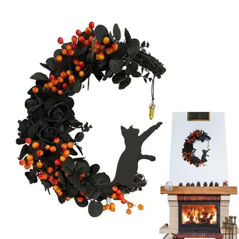 Венки на Хэллоуин для входной двери, Гирлянда с Лунным котом на Хэллоуин, розово-черные украшения, реквизит для вечеринки в помещении, на открытом воздухе.