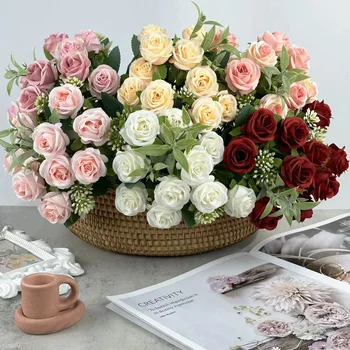 Искусственные цветы с 10 головками, букет из белых и красных роз, свадебное украшение, пион, искусственный цветок для вечеринки, домашнего декора, улицы