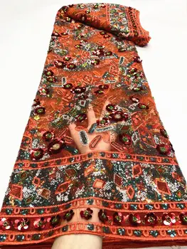 NJYN02 Цвет Оранжевый Африканская кружевная ткань с пайетками, французское тюлевое кружево с вышивкой причудливыми цветами для вечерних и свадебных платьев