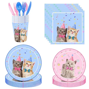 Принадлежности для тематических вечеринок Bule Pink Pet Cat Одноразовая посуда Чашки тарелки Воздушные шары Отлично подходят для украшения детского дня рождения