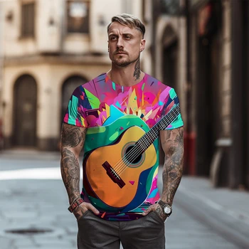 Футболки с красочной гитарной графикой в 3D На летних улицах, футболки с круглым вырезом цвета ракии, модные мужские футболки большого размера