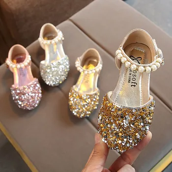 Летняя обувь для девочек Туфли-лодочки Mary Janes на плоской подошве, туфли принцессы для танцев, детские сандалии, детские свадебные туфли, Золото MCH118