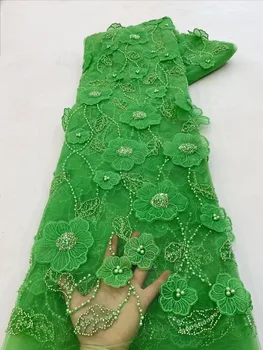 Зеленая Кружевная ткань с 3D цветочной вышивкой и блестками 2023, Роскошная кружевная ткань ручной работы из бисера, Французское сетчатое кружево для свадьбы