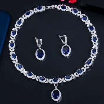 Элегантное голубое ожерелье из листьев кубического циркона с большой овальной каплей, набор женской бижутерии