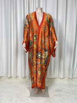 2024 Шелковое Свободное платье Макси из Саудовской Аравии, летний Пляжный Богемный халат, Африканский кафтан, купальник, кардиган, женский костюм с принтом 