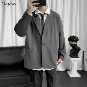 Мужские черные блейзеры с карманами на одной пуговице Ulzzang, мешковатые повседневные костюмы в корейском стиле Harajuku Ins, мужской блейзер, универсальная верхняя одежда на каждый день